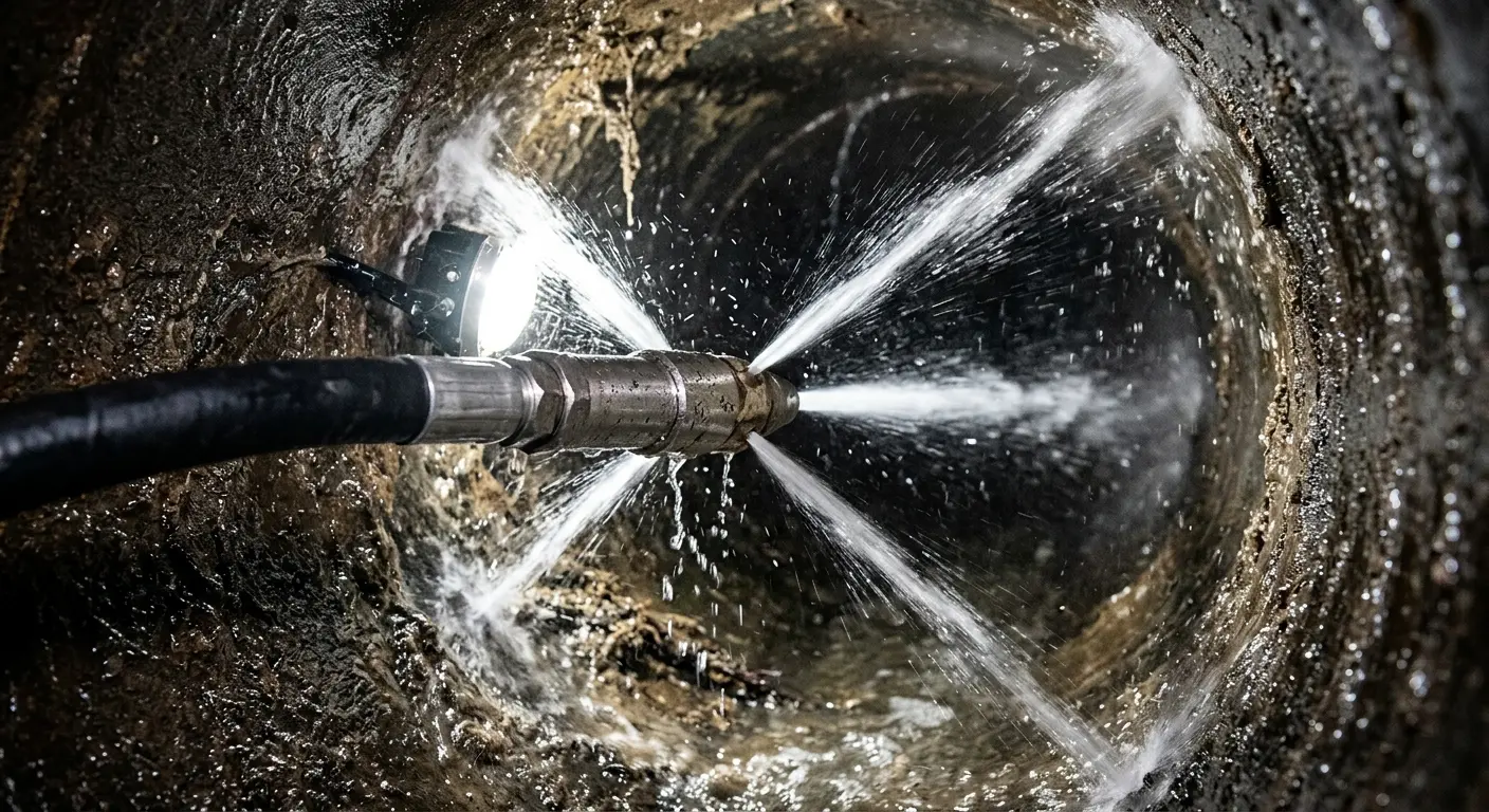 High-pressure hydro jetting nozzle cleaning sewer pipe for Emergency Drain Service in Dunlap