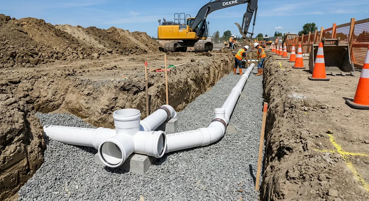 New PVC sewer pipe installation in open trench for Sewer Backup in Dunlap
